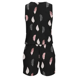 Back view of women's sleeveless black romper with pink and white feather print