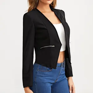 Close-up side view of a stylish black cropped blazer jacket with silver zipper detail