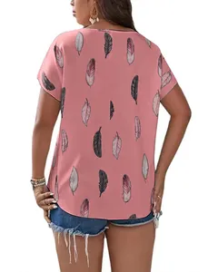 Detailed back view of a pink women's V-neck t-shirt featuring an elegant feather print pattern