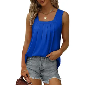 Detailed view of the royal blue pleated square neck sleeveless tank top for fashion women