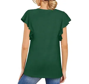 Vista posterior de la camiseta verde oscuro para mujer con elegantes mangas con volantes