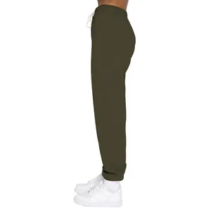 Seitenansicht Damen Fleece-Jogginghose in Olivgrün mit Gummibund und weißem Kordelzug