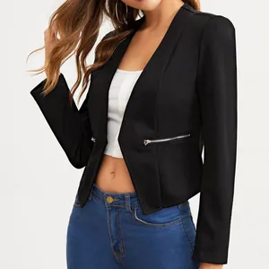 Detail view of black cropped blazer for women featuring metal zipper pocket accents.