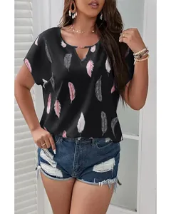 Elegant plus size black V-neck t-shirt for women featuring a stylish feather print.