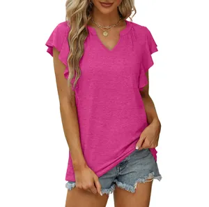 Camiseta fucsia con cuello en V, elegantes mangas con volantes y tejido de punto suave