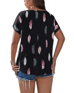 Back view of a plus size women's black T-shirt with pink and white feather print.
