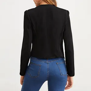 Back view of women's casual black blazer with structured shoulders and sleek fit