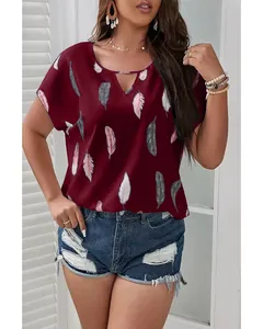 Detail of burgundy plus size V-neck t-shirt featuring artistic feather prints