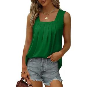Detailed view of women's green square neck sleeveless pleated tank top with high-low hem