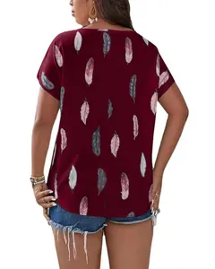 Detailed back view of a plus size maroon V-neck T-shirt featuring elegant feather prints