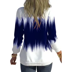 Detailed back view of a woman wearing a blue and white gradient printed casual sweatshirt