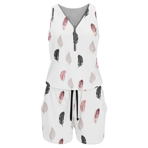 Summer sleeveless jumpsuit for women featuring pink and black feather print with front zipper