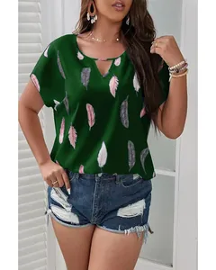 Plus size women V-neck short sleeve blouse featuring a stylish pink and grey feather print.