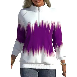 Detailed view of the purple gradient print on this half-zip women's stand collar sweatshirt