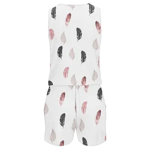 Full view of women's sleeveless romper with elegant feather print on white fabric