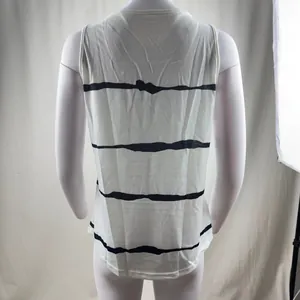 Back view of a white sleeveless tank top with horizontal black stripes on a mannequin