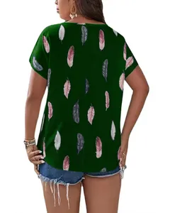 Back view of plus size women's dark green T-shirt featuring elegant feather prints