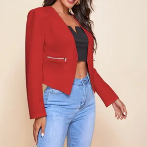 Detail view of an elegant red cropped blazer for women featuring a stylish front zipper pocket
