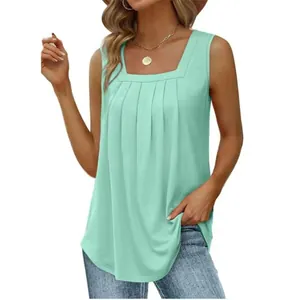 Front view of mint green sleeveless tank top with square neck and pleated detailing