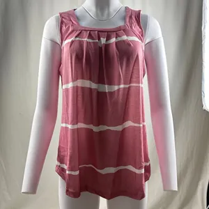 Close-up detail of a pink and white striped pleated square neck tank top on mannequin