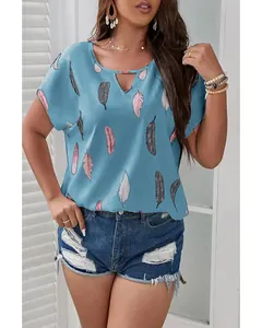 Plus size women's elegant V-neck blouse featuring artistic feather print and short sleeves