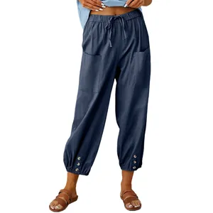 Casual high-waisted cotton linen cropped pants with button details and drawstring waist