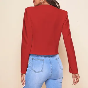 Detailed back view of a stylish red cropped blazer jacket for women's autumn outfit.