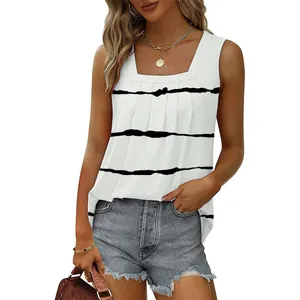 Close-up detail of women's square neck pleated sleeveless tank top with black stripes
