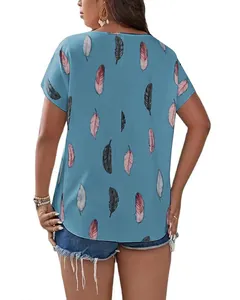 Back view of plus size blue short sleeve t-shirt with elegant feather print pattern