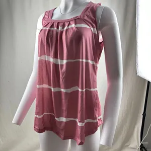 Detail view of a pink and white striped sleeveless tank top with a pleated square neck.