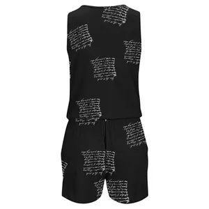Detailed back view of a black sleeveless women's summer romper with white script print