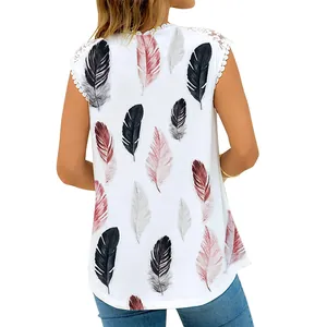 Back view of a white sleeveless top with colorful feather print and delicate lace trim.
