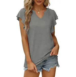 Camiseta gris informal para mujer con cuello en V y elegantes mangas de volante