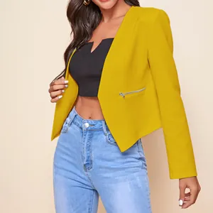 Close-up view of a vibrant yellow cropped blazer with zipper detail on a fashion model.