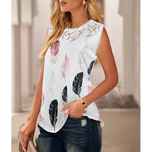Detail shot of women's sleeveless tank top with feather print and lace trim neckline