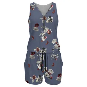 Front view of a blue floral romper with a zipper neckline and drawstring waist.