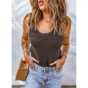 Detailed macro view of a comfortable dark brown waffle knit U-neck casual tank top for women