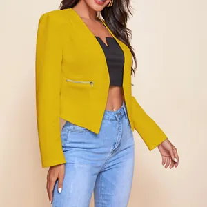 Vibrant yellow cropped casual blazer for women with zipper details and open front.