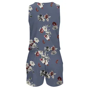 Detailed back view of a sleeveless floral romper for women in gray-blue finish