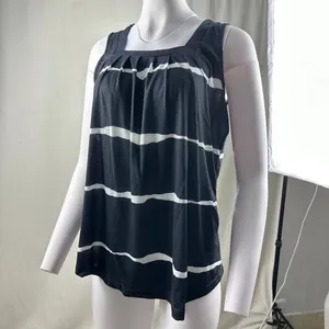 Close-up detail showing pleated square neckline and stripes on women's tank top