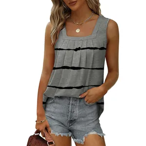 Casual grey striped square neck sleeveless tank top with pleated front and high-low hem.