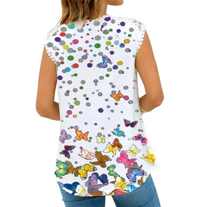 Detailed back view of sleeveless white summer top with colorful butterfly and dot print