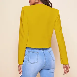 Detailed back view of a vibrant mustard yellow slim-fit blazer for women in casual style.