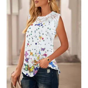 Detail shot of white lace-trim tank top with colorful butterfly and dot print pattern