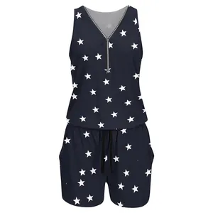 Women's sleeveless navy summer romper featuring white star print and front zipper closure