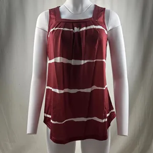 Front view of women's red striped tank top with square neck and pleated details