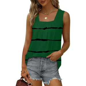 Close-up detail of a green pleated square neck sleeveless tank top with black stripes