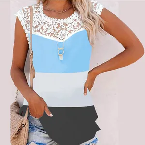 Detail of women's sleeveless top featuring lace neckline and blue white color block
