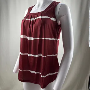 Detailed view of women's burgundy striped tank top with pleated square neckline