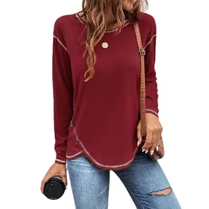 Casual burgundy long sleeve t-shirt for women with irregular buttoned hem design